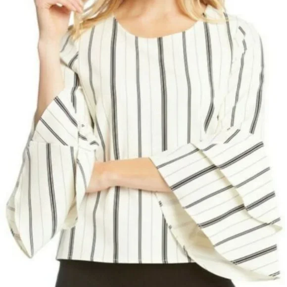 Karen Kane Ivory/Black Stripe Stretch Crepe Tiered Bell Sleeve Top - Picture 4 of 6